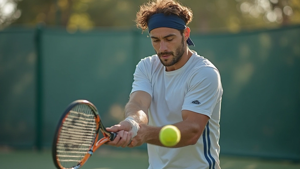 لاعب تنس محترف يؤدي ضربة أمامية قوية في ملعب التنس