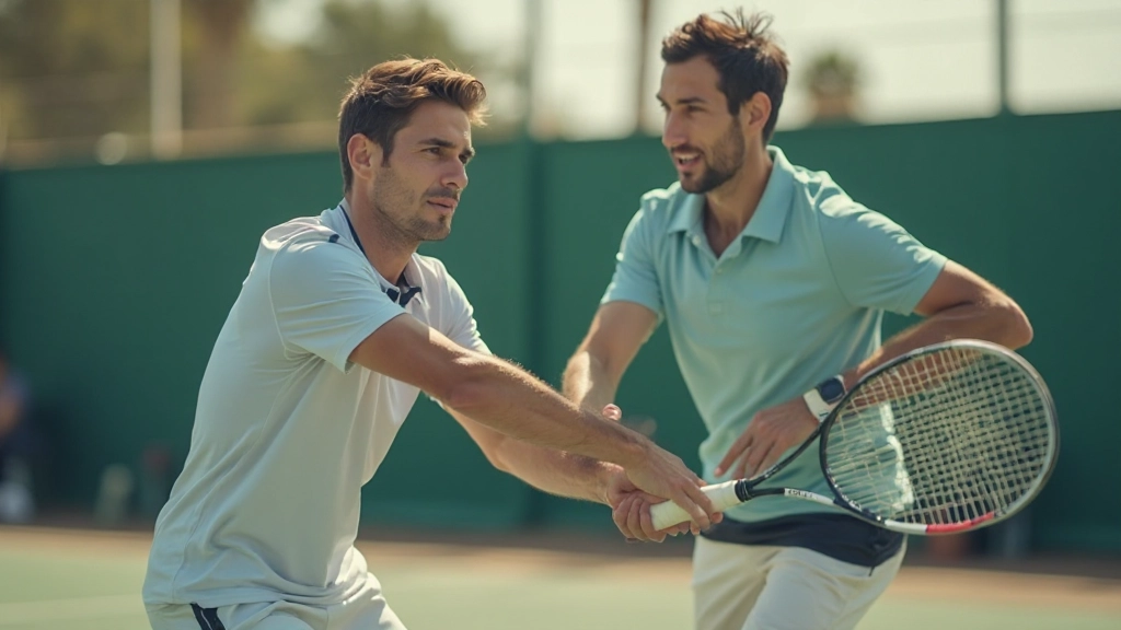 لاعب تنس يتدرب على تحسين الضربات الأساسية مع مدرب متخصص